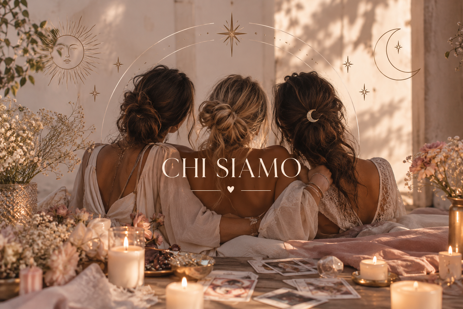 Chi siamo: tre ragazze abbracciate di spalle tra candele e tarocchi
